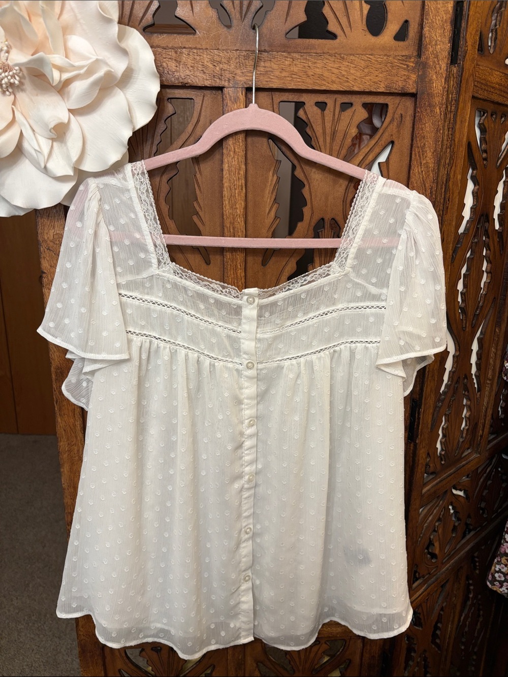 White Swiss Dot Lace-Trim Peasant Blouse